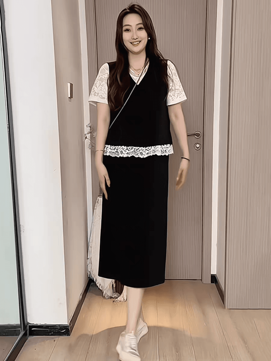 빅 사이즈 여성 의류 지방 mm 한국 스타일 페이크 레이어드 레이스 조각 반팔 반신 스커트 2026 여름 슬림해 보이는 투피스 세트 이미지 2