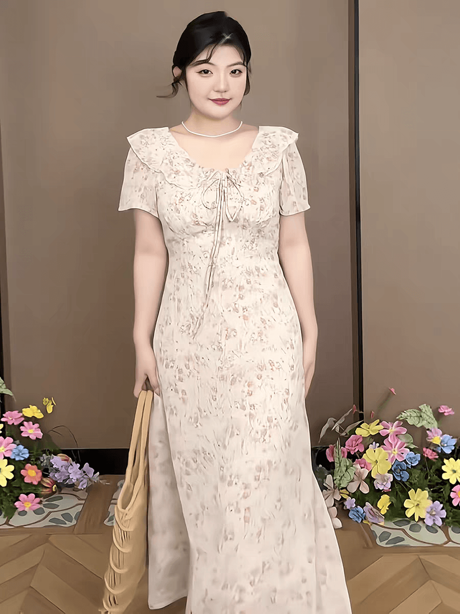 빅 사이즈 여성 의류 지방 mm 부드러운 바람 V넥 꽃무늬 반팔 드레스 2026 여름 슬림해 보이는 품격 표지 고기 치마 상세 이미지 2