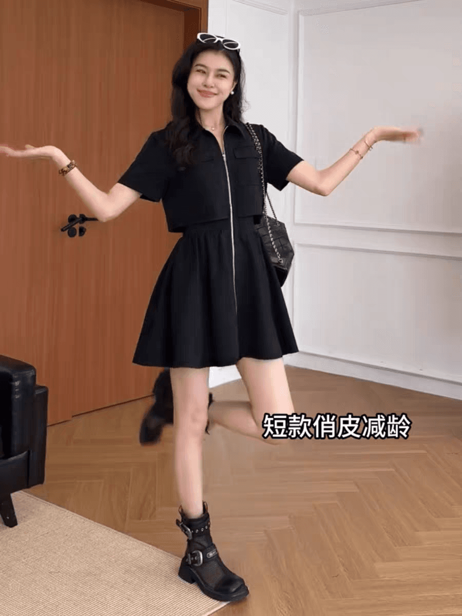 여가 여름 시간 워크웨어 바람 폴로 칼라 허리 수축 슬림해 보이는 품격 지퍼 표지 고기 여성 작은 키 셔츠 드레스 이미지 3