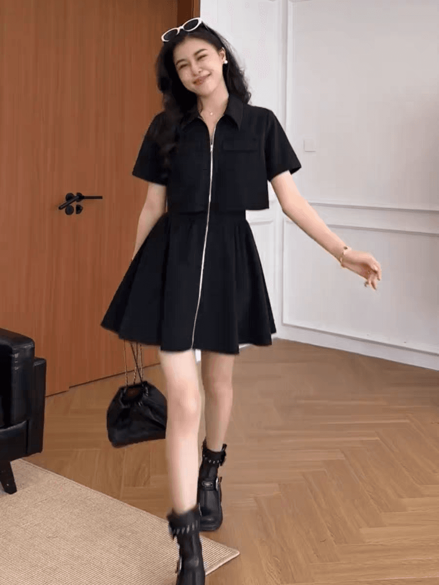 여가 여름 시간 워크웨어 바람 폴로 칼라 허리 수축 슬림해 보이는 품격 지퍼 표지 고기 여성 작은 키 셔츠 드레스 상세 이미지 5