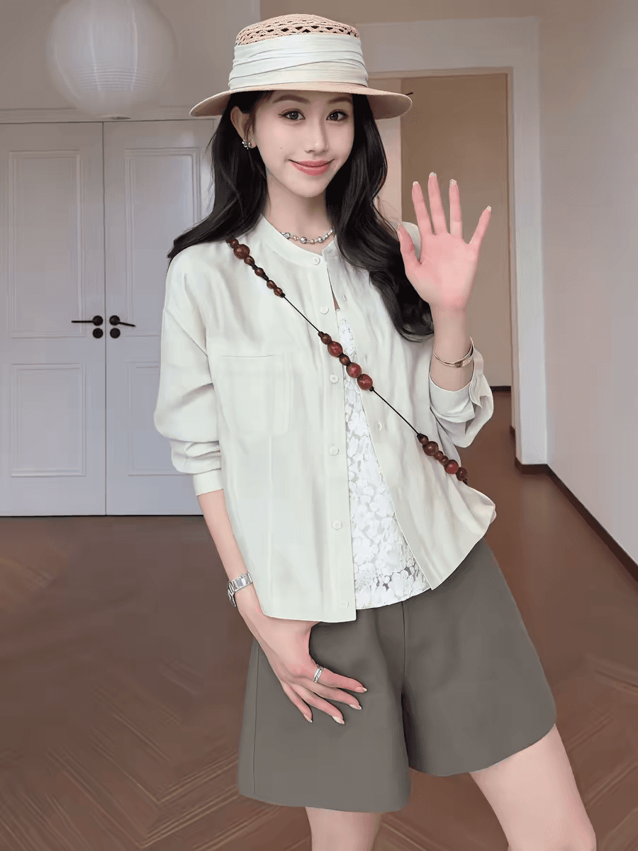 마이크로 지방 한 부서 바람 chic 아마 얇은 스타일 자외선 차단 셔츠 짧은 여성 코트 여름 루즈핏 슬림해 보이는 싱글 줄 버튼 맨위 상세 이미지 1