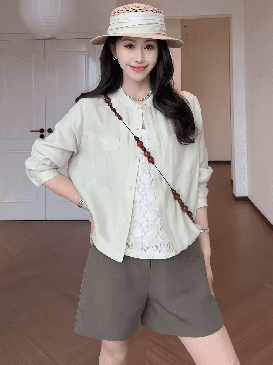 마이크로 지방 한 부서 바람 chic 아마 얇은 스타일 자외선 차단 셔츠 짧은 여성 코트 여름 루즈핏 슬림해 보이는 싱글 줄 버튼 맨위 상세 이미지 3