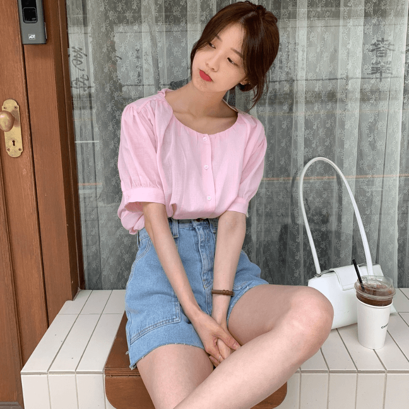 재고 있음 korea 활력 소녀 연인 연령 감소 거품 소매 라운드 넥 싱글 줄 버튼 신선함 다용도 반팔 셔츠 이미지 2