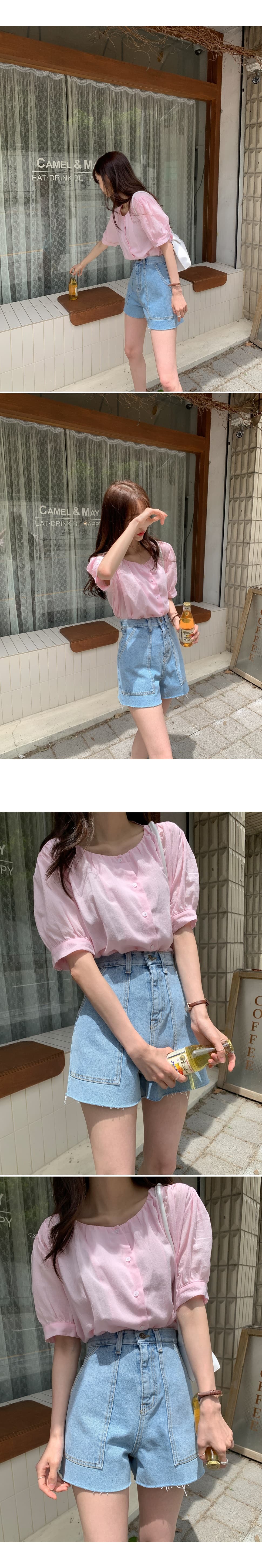 재고 있음 korea 활력 소녀 연인 연령 감소 거품 소매 라운드 넥 싱글 줄 버튼 신선함 다용도 반팔 셔츠 상세 이미지 2