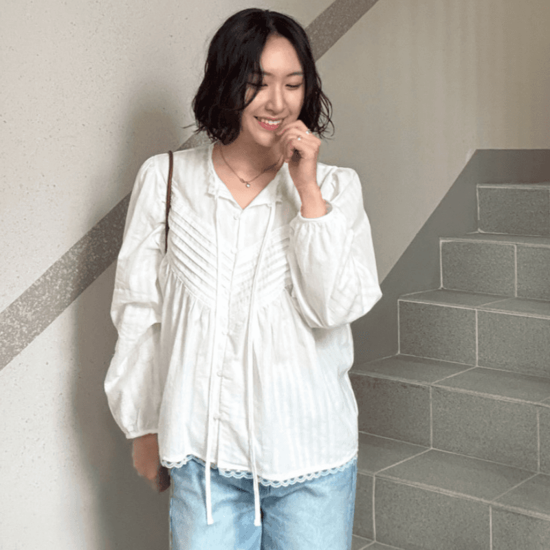 재고 있음 korea 레트로 문예 레이스 조각 v 종류 명중 기사 장식 리본 단색 긴팔 맨위 여성 셔츠
