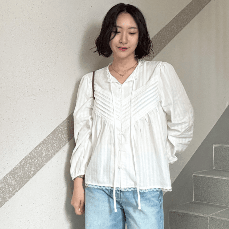 재고 있음 korea 레트로 문예 레이스 조각 v 종류 명중 기사 장식 리본 단색 긴팔 맨위 여성 셔츠 이미지 5