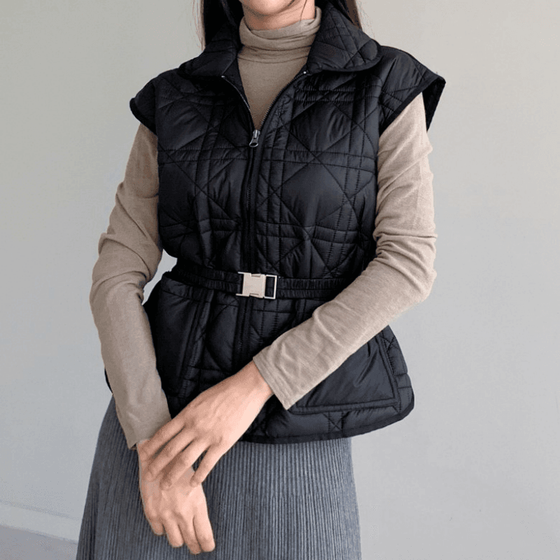 재고 있음 korea 무거운 작업 누비 이불의 재료 자수 폴로 칼라 민소매 어깨 외부 가져 가라. 보온 솜을 넣은 조끼 재킷 벨트 포함 이미지 2