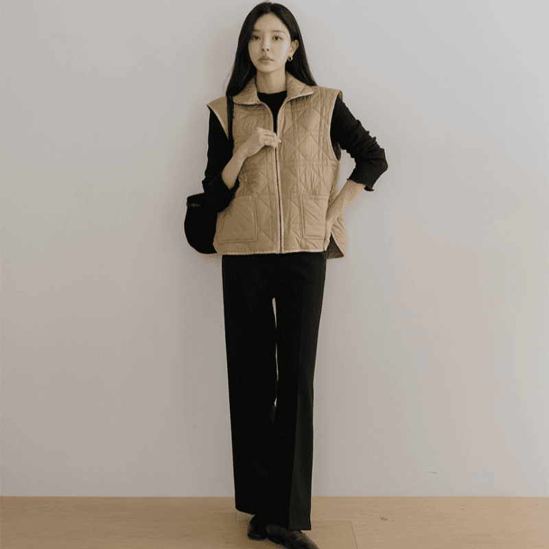 재고 있음 korea 무거운 작업 누비 이불의 재료 자수 폴로 칼라 민소매 어깨 외부 가져 가라. 보온 솜을 넣은 조끼 재킷 벨트 포함 이미지 3
