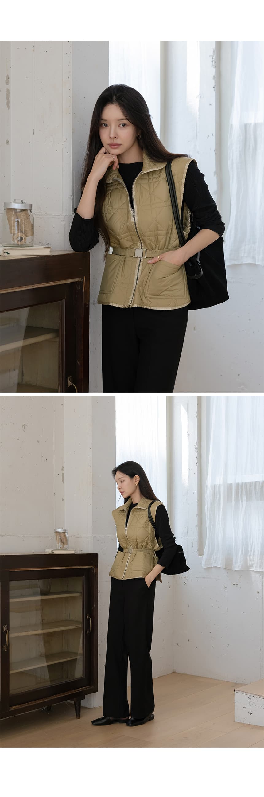 재고 있음 korea 무거운 작업 누비 이불의 재료 자수 폴로 칼라 민소매 어깨 외부 가져 가라. 보온 솜을 넣은 조끼 재킷 벨트 포함 상세 이미지 9