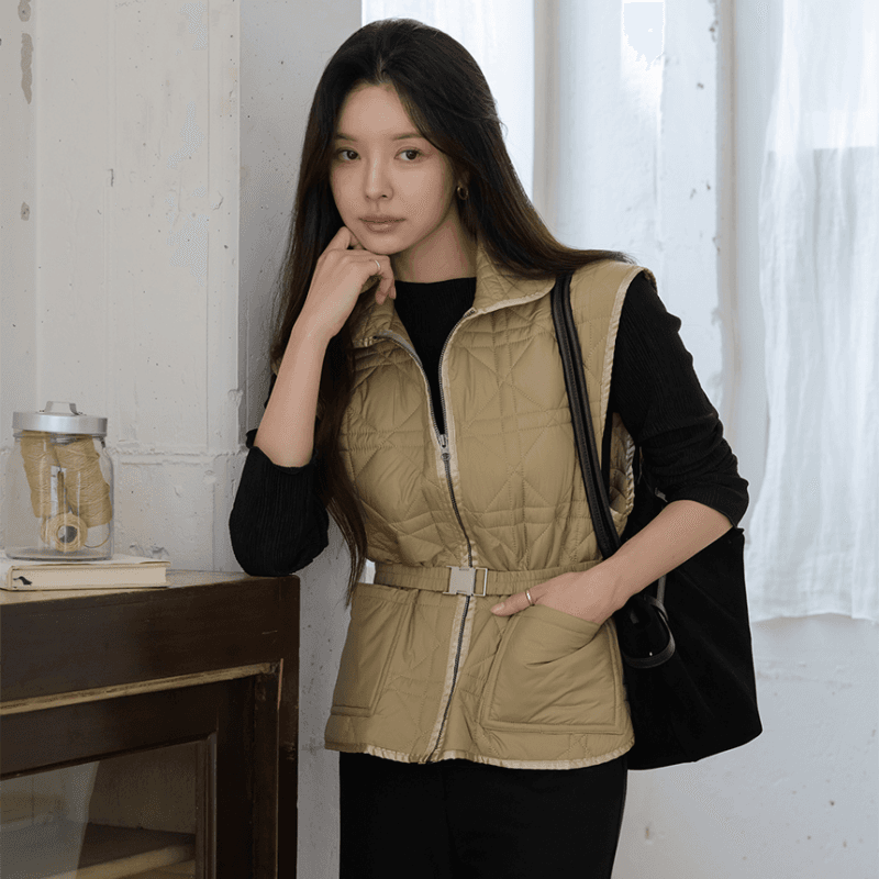 재고 있음 korea 무거운 작업 누비 이불의 재료 자수 폴로 칼라 민소매 어깨 외부 가져 가라. 보온 솜을 넣은 조끼 재킷 벨트 포함