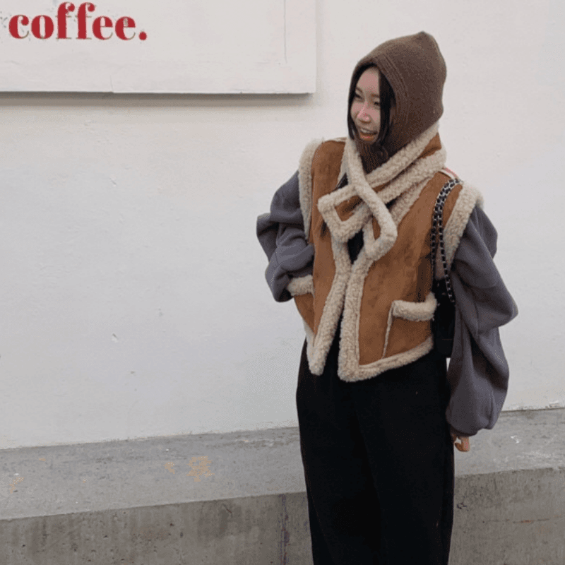 재고 있음 korea 양성 및 음성 둘 착용 레트로 스웨이드 원단 모방 양털 두꺼운 외부 가져 가라. 조끼 베스트 경기 목도리 이미지 2