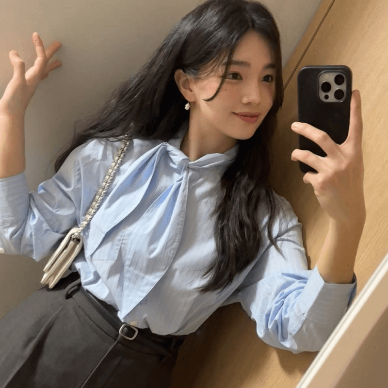 재고 있음 cherry 분위기 센스 당겨서 전체 한 부서 부드러운 바람 블루스 스트라이프 매듭이 달린 리본 긴팔 여성 셔츠 이미지 5