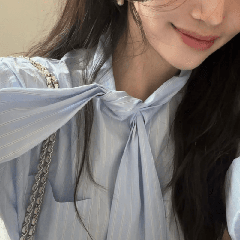 재고 있음 cherry 분위기 센스 당겨서 전체 한 부서 부드러운 바람 블루스 스트라이프 매듭이 달린 리본 긴팔 여성 셔츠 이미지 4