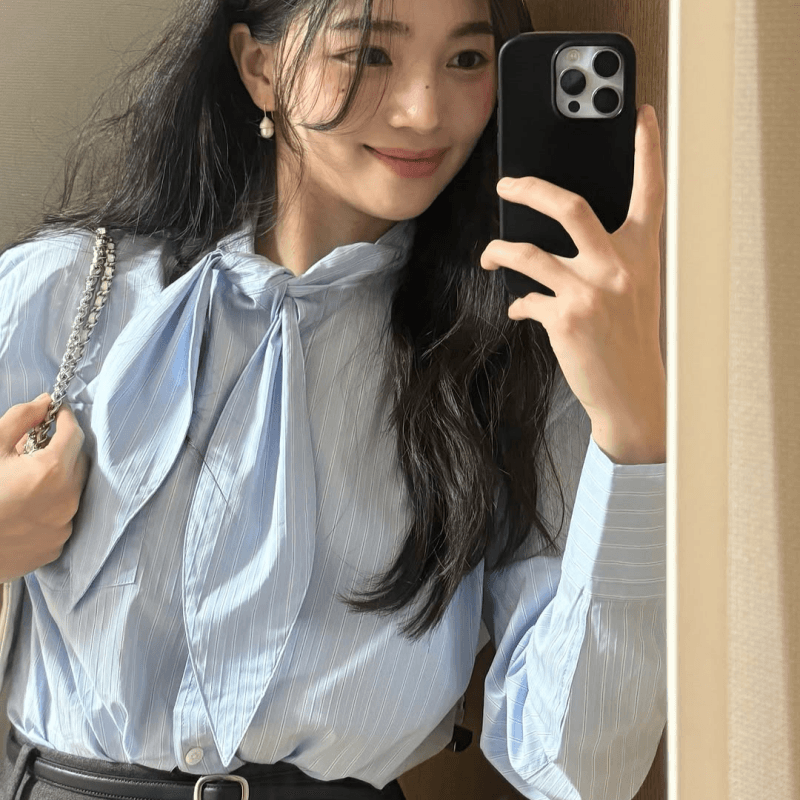 재고 있음 cherry 분위기 센스 당겨서 전체 한 부서 부드러운 바람 블루스 스트라이프 매듭이 달린 리본 긴팔 여성 셔츠 이미지 3
