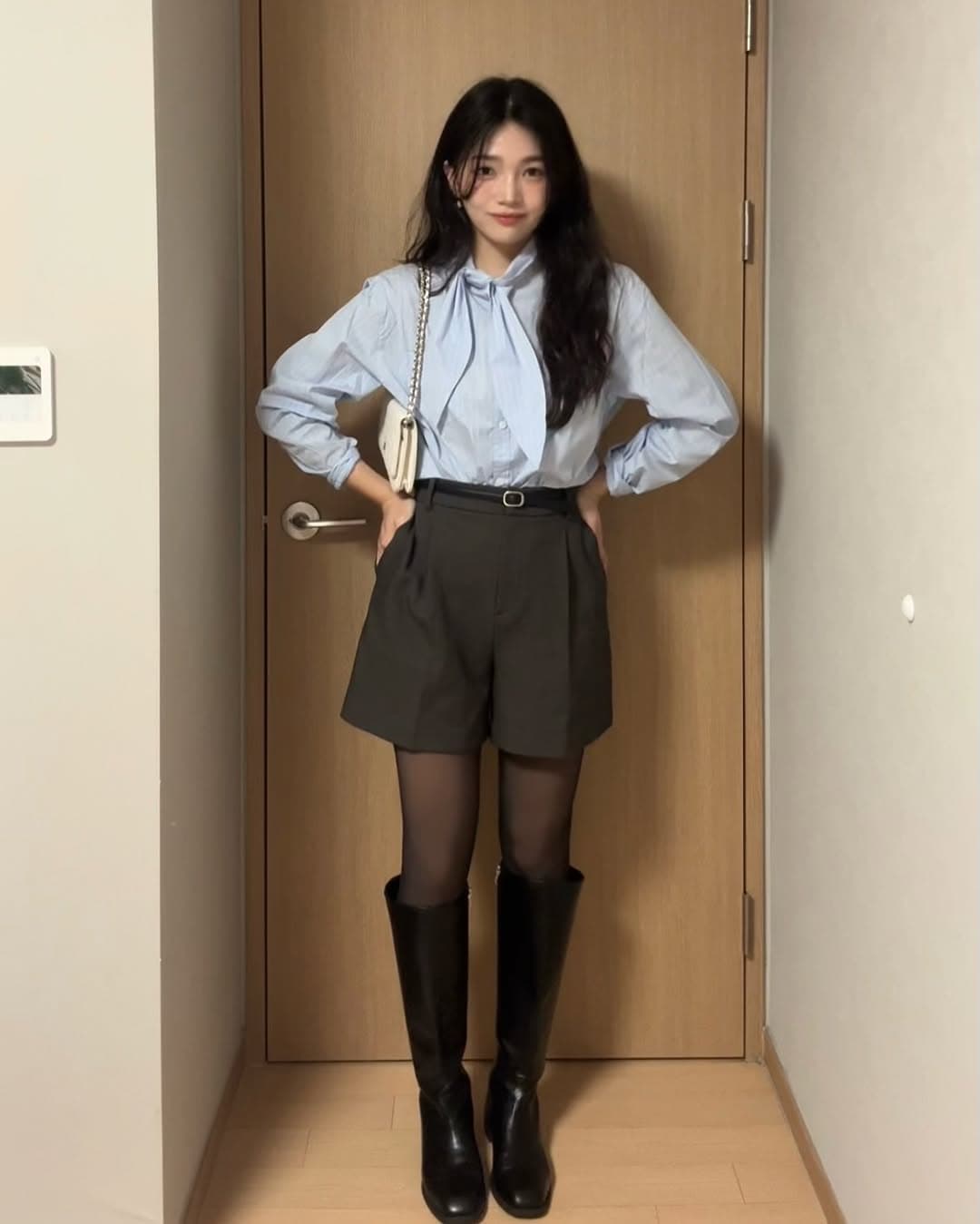 재고 있음 cherry 분위기 센스 당겨서 전체 한 부서 부드러운 바람 블루스 스트라이프 매듭이 달린 리본 긴팔 여성 셔츠 상세 이미지 7