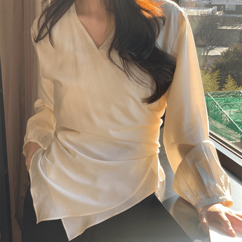 재고 있음 korea 프랑스식 고급 십자가 V넥 디자인 센스 불규칙 스트랩 허리 수축 마이크로 ~을 통해 긴팔 여성 셔츠 이미지 3