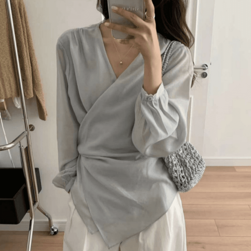 재고 있음 korea 프랑스식 고급 십자가 V넥 디자인 센스 불규칙 스트랩 허리 수축 마이크로 ~을 통해 긴팔 여성 셔츠 이미지 2