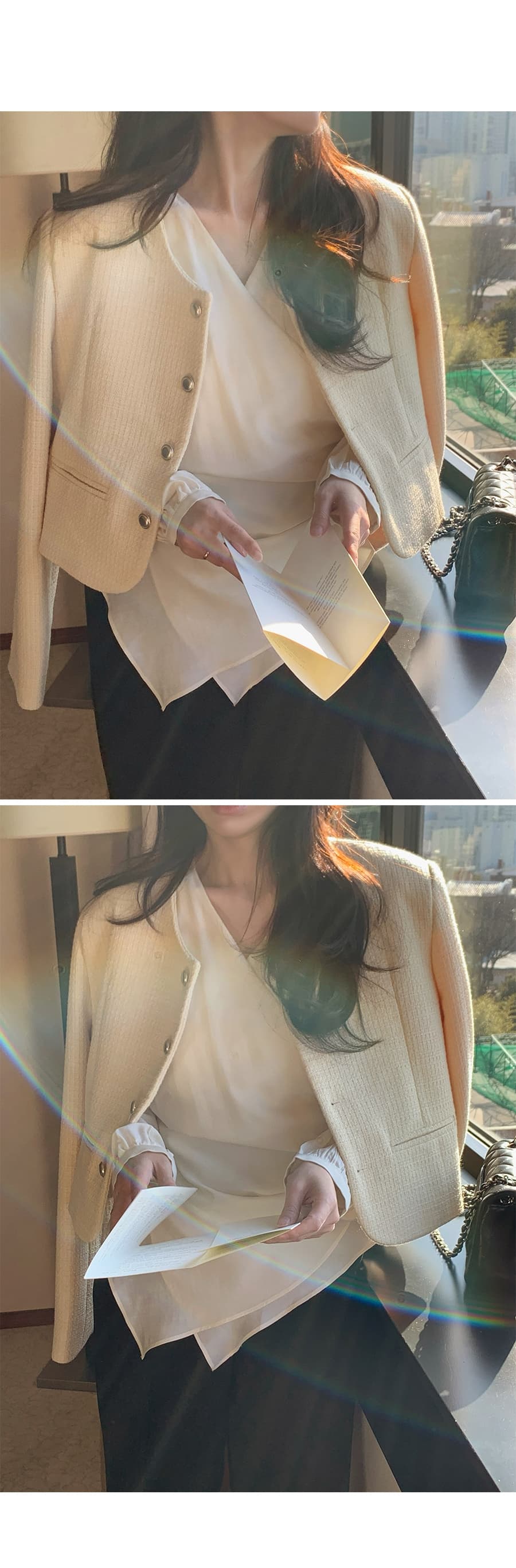 재고 있음 korea 프랑스식 고급 십자가 V넥 디자인 센스 불규칙 스트랩 허리 수축 마이크로 ~을 통해 긴팔 여성 셔츠 상세 이미지 14