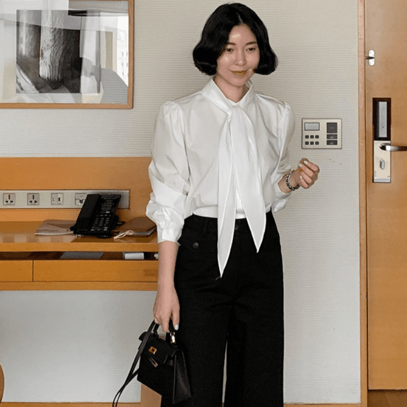 재고 있음 korea 한 부서 우아함 절묘한 여성 주님 패션 디자인 센스 리본 칼라 레이스업 품격 긴팔 셔츠 이미지 2