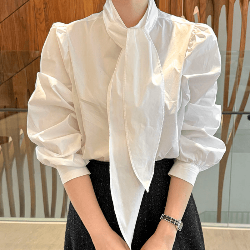 재고 있음 korea 한 부서 우아함 절묘한 여성 주님 패션 디자인 센스 리본 칼라 레이스업 품격 긴팔 셔츠 이미지 4