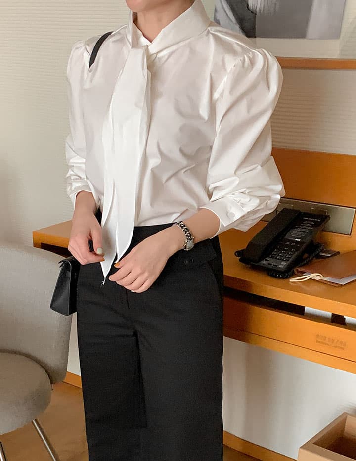 재고 있음 korea 한 부서 우아함 절묘한 여성 주님 패션 디자인 센스 리본 칼라 레이스업 품격 긴팔 셔츠 상세 이미지 7