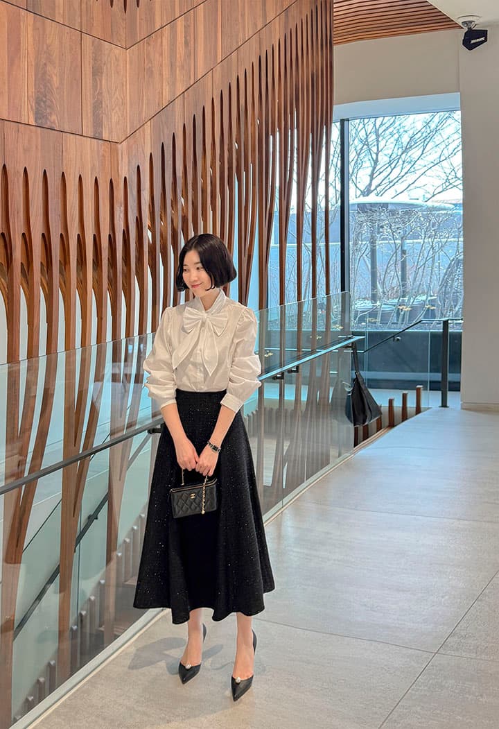 재고 있음 korea 한 부서 우아함 절묘한 여성 주님 패션 디자인 센스 리본 칼라 레이스업 품격 긴팔 셔츠 상세 이미지 26