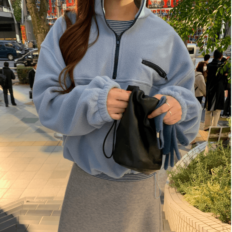 재고 있음 korea 일본식 cityboy 레트로 하프 지퍼 스탠드 칼라 배색 루즈핏 다용도 스택 착용 플리스 후드티 이미지 4