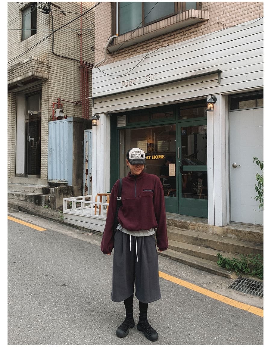 재고 있음 korea 일본식 cityboy 레트로 하프 지퍼 스탠드 칼라 배색 루즈핏 다용도 스택 착용 플리스 후드티 상세 이미지 21