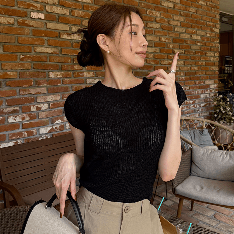 재고 있음 korea 디자인 센스 작은 대중 부드러운 바람 등 허리 작은 심장 기계 스트랩 허리 수축 반팔 니트 스웨터 여자 이미지 5