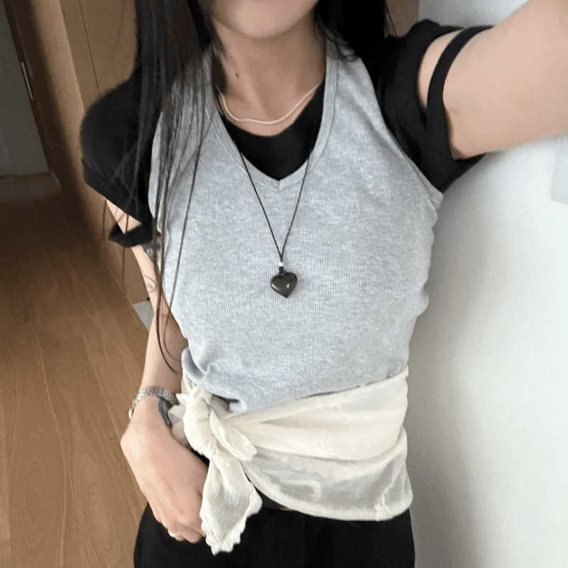 재고 있음 korea 달콤한 차가운 바람 팔 홀로우 아웃 몸매 가꾸기 슬림해 보이는 다용도 기초 작은 대중 핫걸 다용도 반팔 티셔츠 이미지 5