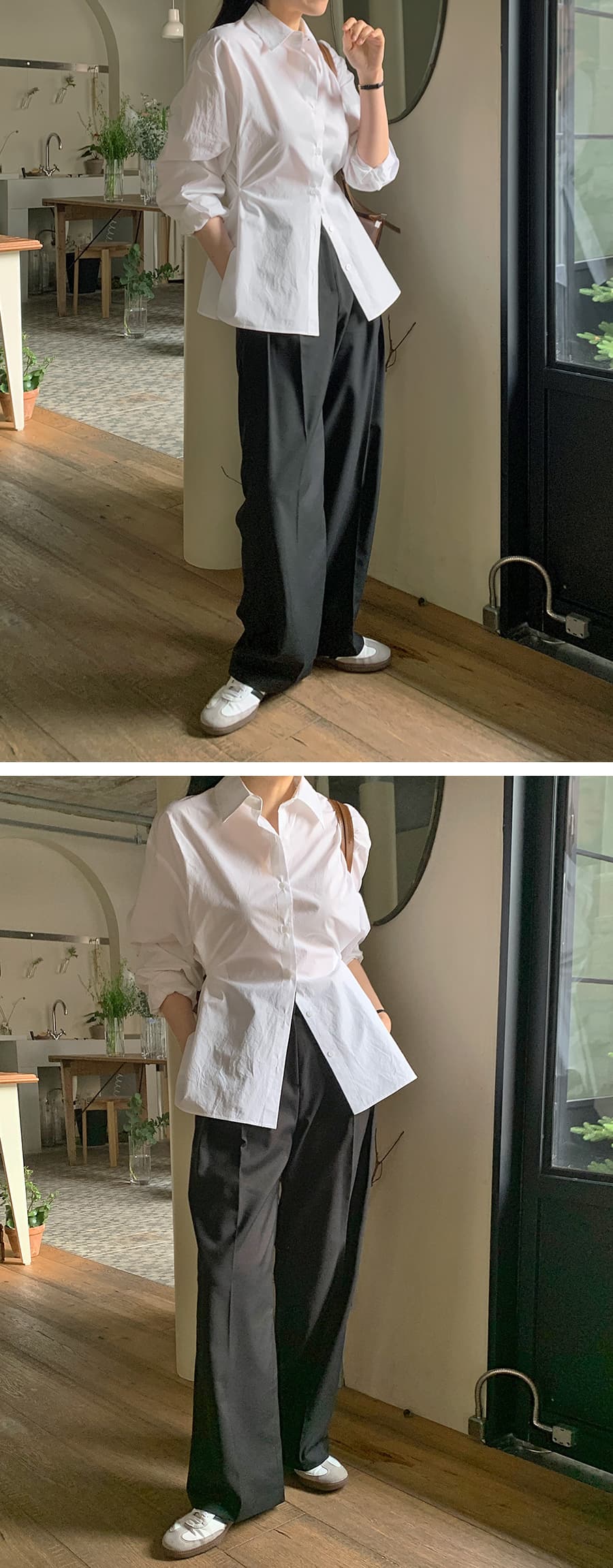 재고 있음 korea 프랑스식 Chic 디자인 센스 전체 측면 단추 허리 수축 디스플레이 커브 캐주얼 다용도 단색 셔츠 상세 이미지 14