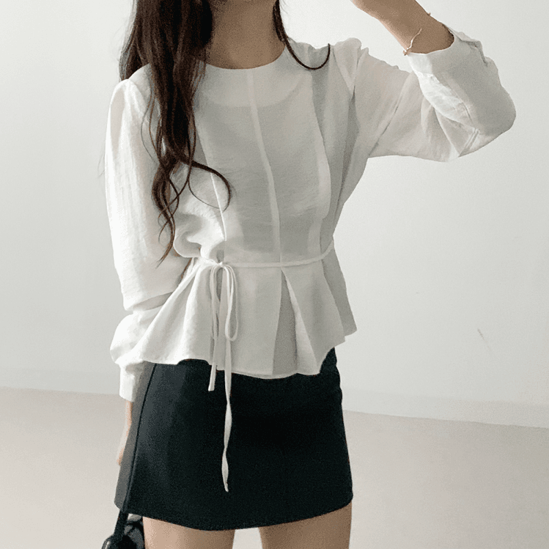 재고 있음 cherry 프랑스식 빛 요리 한 라운드 넥 출퇴근 부드러운 프릴 밑단 품격 긴팔 셔츠 벨트 포함 이미지 3
