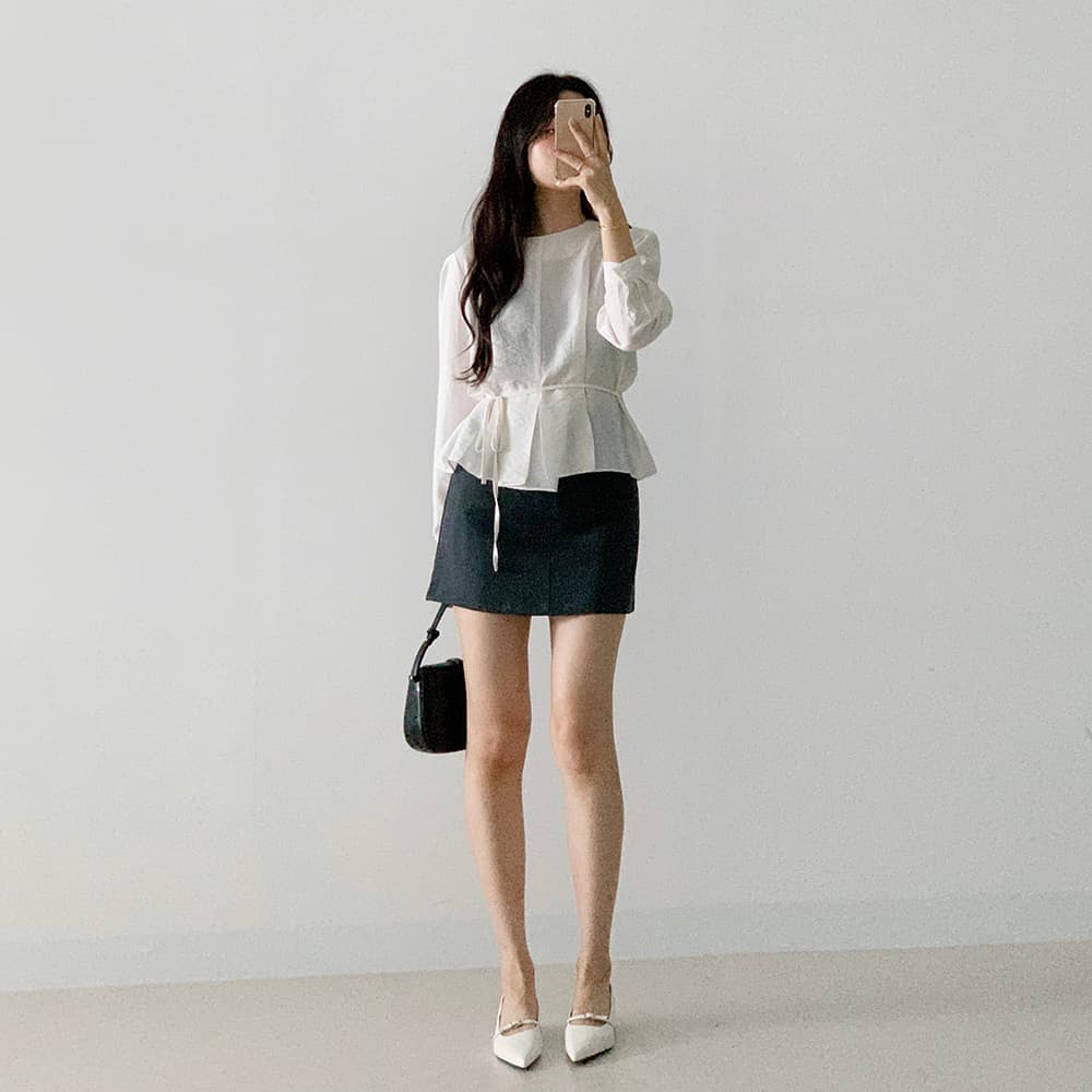 재고 있음 cherry 프랑스식 빛 요리 한 라운드 넥 출퇴근 부드러운 프릴 밑단 품격 긴팔 셔츠 벨트 포함 상세 이미지 26