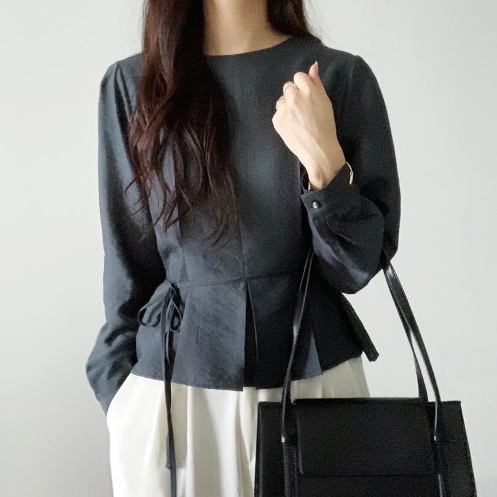 재고 있음 cherry 프랑스식 빛 요리 한 라운드 넥 출퇴근 부드러운 프릴 밑단 품격 긴팔 셔츠 벨트 포함 상세 이미지 1