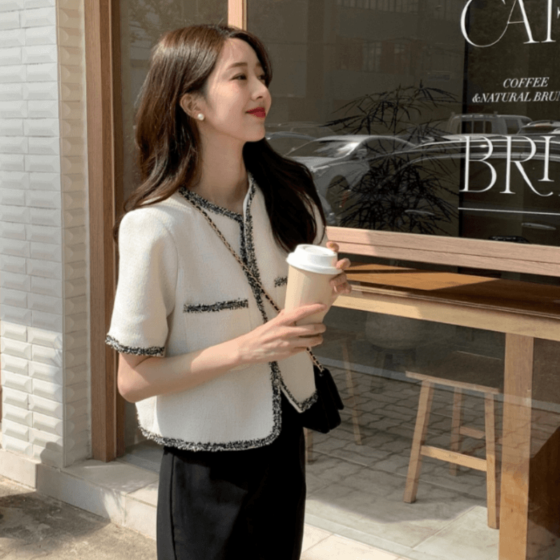 재고 있음 korea 한 부서 품격 배색 테두리 장식 트위드 출퇴근 작은 샤넬 스타일 외부 가져 가라. 작은 열림 셔츠 반팔 재킷 이미지 2