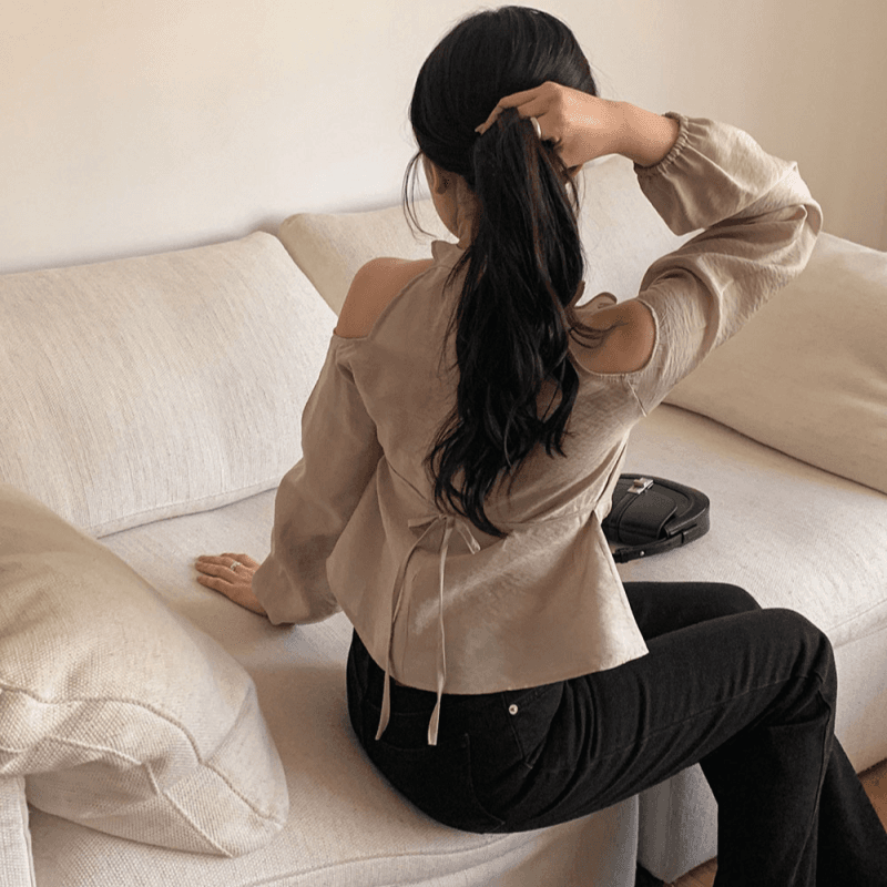 재고 있음 korea 부드러운 바람 행침 목 오프숄더 디자인 센스 측면 벨트 자외선 차단 마이크로 ~을 통해 외국 가스 긴팔 셔츠 이미지 4
