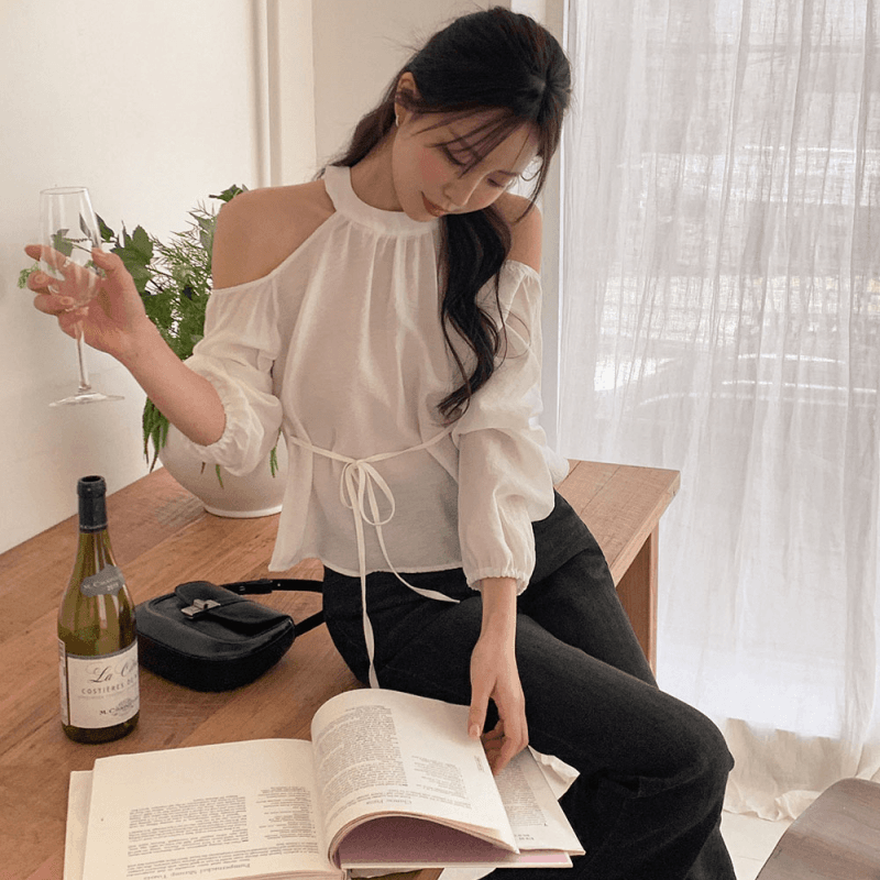 재고 있음 korea 부드러운 바람 행침 목 오프숄더 디자인 센스 측면 벨트 자외선 차단 마이크로 ~을 통해 외국 가스 긴팔 셔츠