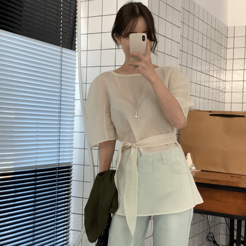 재고 있음 korea 한 부서 부드러운 바람 마이크로 ~을 통해 질감 센스 느긋한 반팔 쉬폰 셔츠 경기 이중 용도 리본 이미지 5