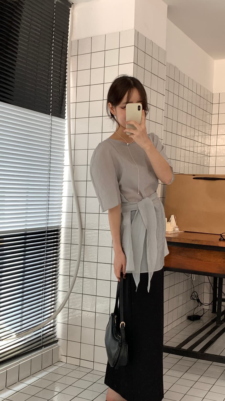 재고 있음 korea 한 부서 부드러운 바람 마이크로 ~을 통해 질감 센스 느긋한 반팔 쉬폰 셔츠 경기 이중 용도 리본 상세 이미지 5