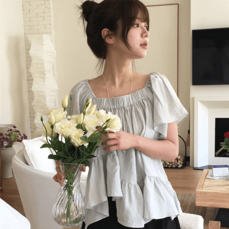 재고 있음 korea 불규칙 프릴 반팔 케이크 진자 문예 바람 반팔 맨위 광장 칼라 오프숄더 둘 착용 이미지 4