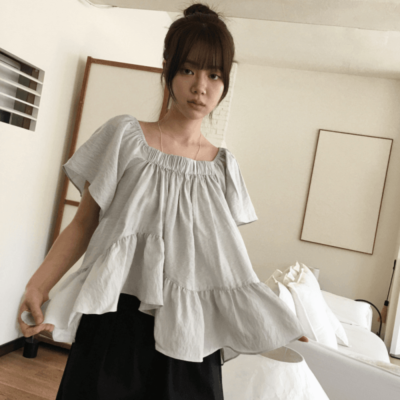 재고 있음 korea 불규칙 프릴 반팔 케이크 진자 문예 바람 반팔 맨위 광장 칼라 오프숄더 둘 착용