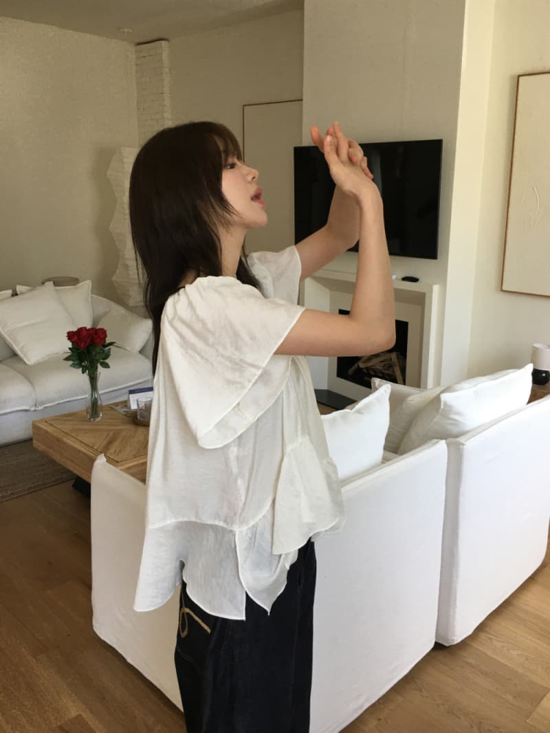 재고 있음 korea 불규칙 프릴 반팔 케이크 진자 문예 바람 반팔 맨위 광장 칼라 오프숄더 둘 착용 상세 이미지 18