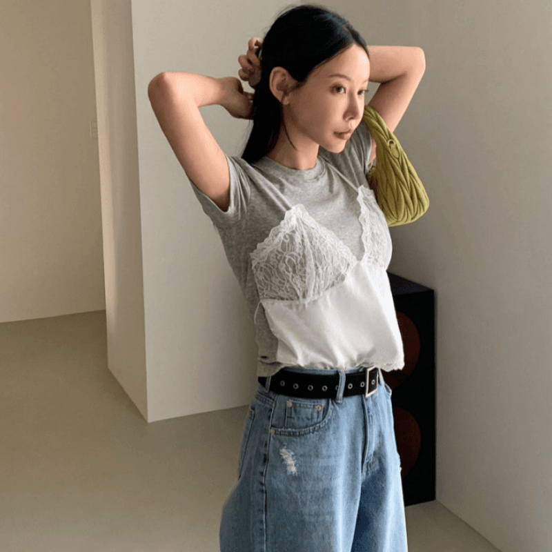 재고 있음 korea 디자인 센스 페이크 레이어드 레이스 조각 뒤로 레이스업 허리 수축 외국 가스 ins 보 주님 반팔 티셔츠 이미지 3