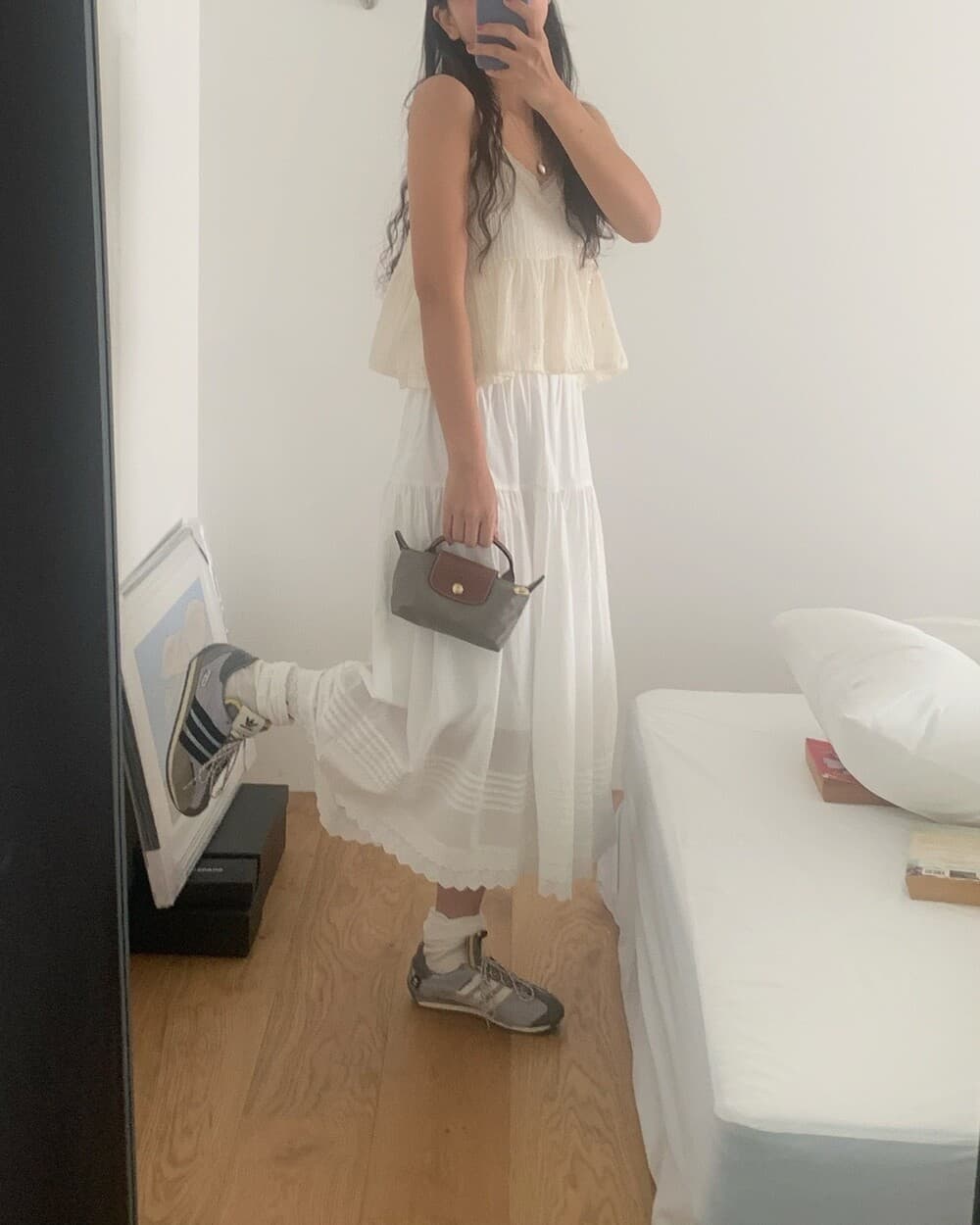 재고 있음 korea 요정 가스 레이스 물결무늬 레이스 패치워크 명중 Pleat 부드러운 순수한 흰색 허리밴드 중간 길이 반신 스커트 상세 이미지 2