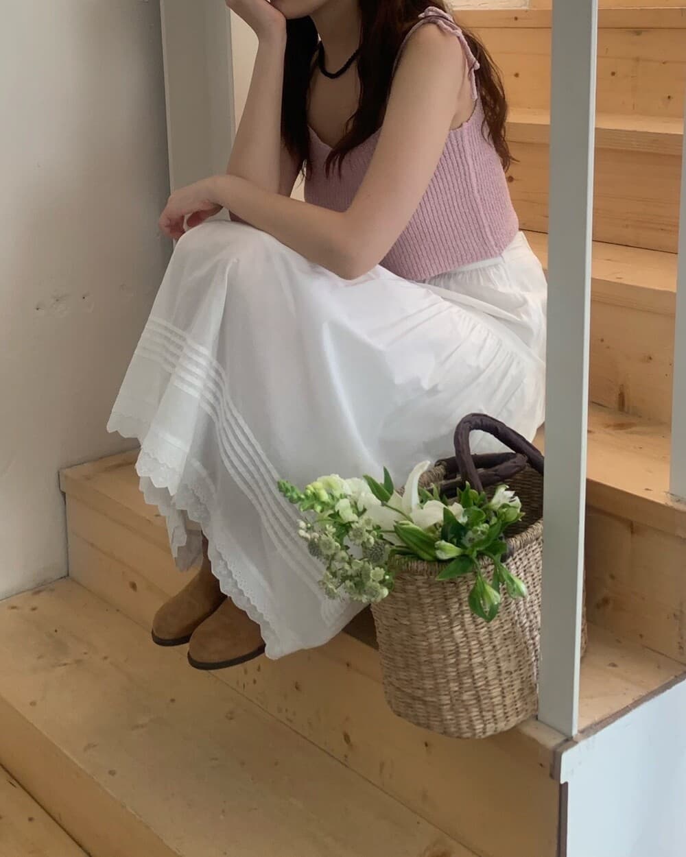 재고 있음 korea 요정 가스 레이스 물결무늬 레이스 패치워크 명중 Pleat 부드러운 순수한 흰색 허리밴드 중간 길이 반신 스커트 상세 이미지 3