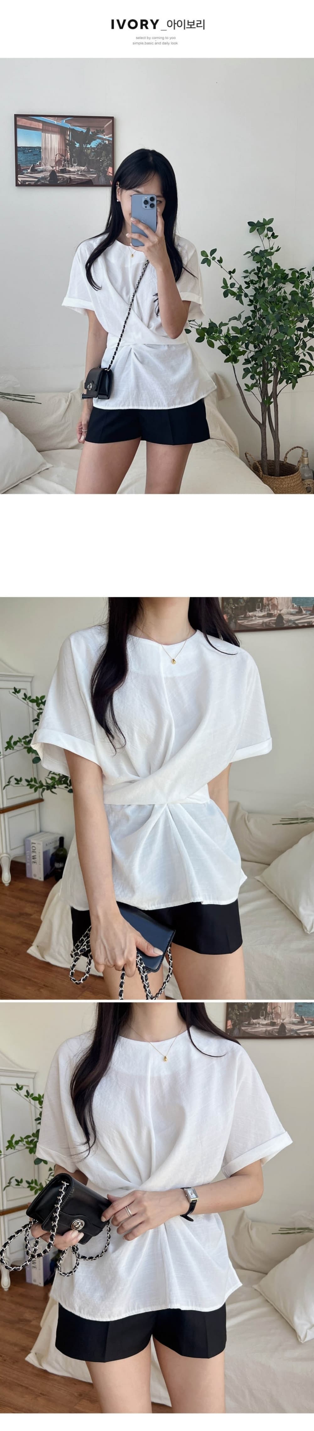 재고 있음 korea 고급 질감 센스 십자가 비틀림 디자인 뒤로 나비 매듭 허리 수축 슬림해 보이는 반팔 맨위 상세 이미지 2