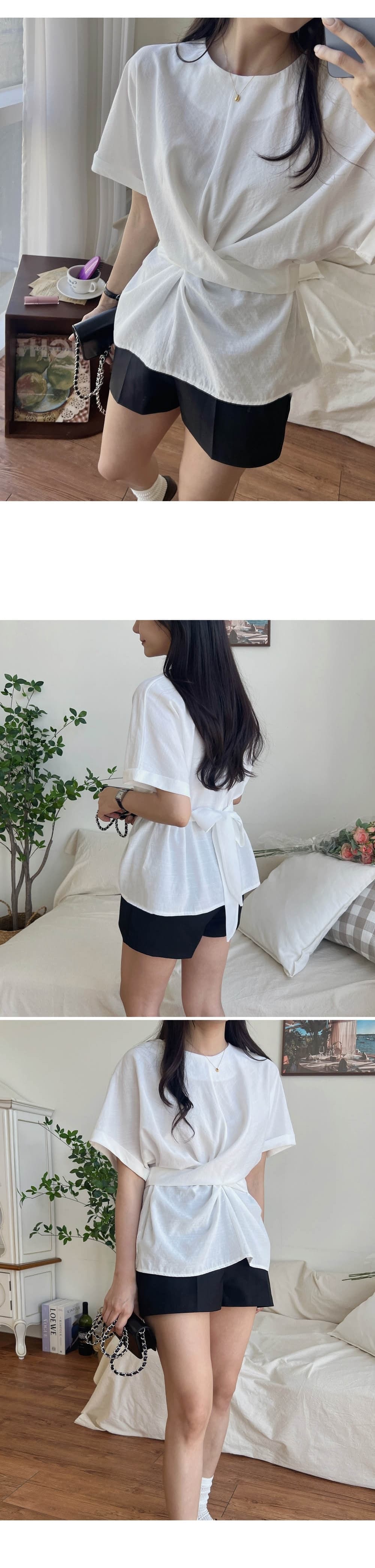재고 있음 korea 고급 질감 센스 십자가 비틀림 디자인 뒤로 나비 매듭 허리 수축 슬림해 보이는 반팔 맨위 상세 이미지 3