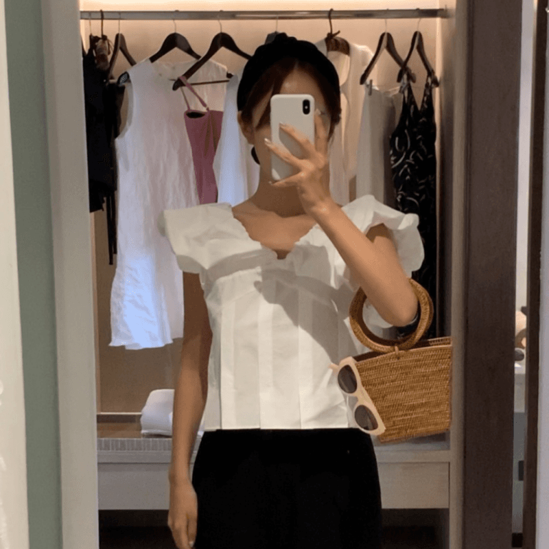 재고 있음 korea 프랑스식 달콤함 V넥 디자인 센스 주름 요금 예 페이 소매 쇼트 스타일 조끼 셔츠 전후 둘 착용 이미지 2