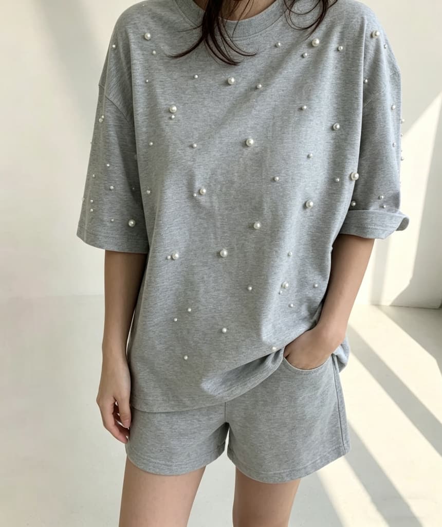 재고 있음 korea 한 부서 진주 꾸밈음 디자인 섹션 루즈핏 느긋한 슬림해 보이는 oversize 순면 반팔 티셔츠 상세 이미지 7