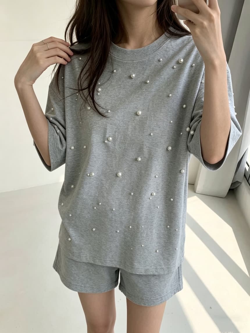 재고 있음 korea 한 부서 진주 꾸밈음 디자인 섹션 루즈핏 느긋한 슬림해 보이는 oversize 순면 반팔 티셔츠 상세 이미지 8